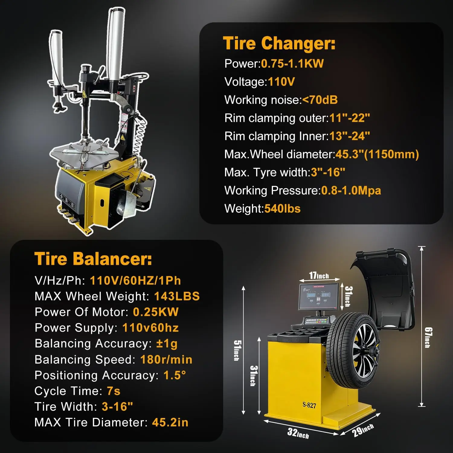 Tire Changer and Automatic Wheel Balancer Combo with Bead Blaster & Auto Measurement, 110V for 10-26" Rims, Professional Tire Shop Equipment - Image 2
