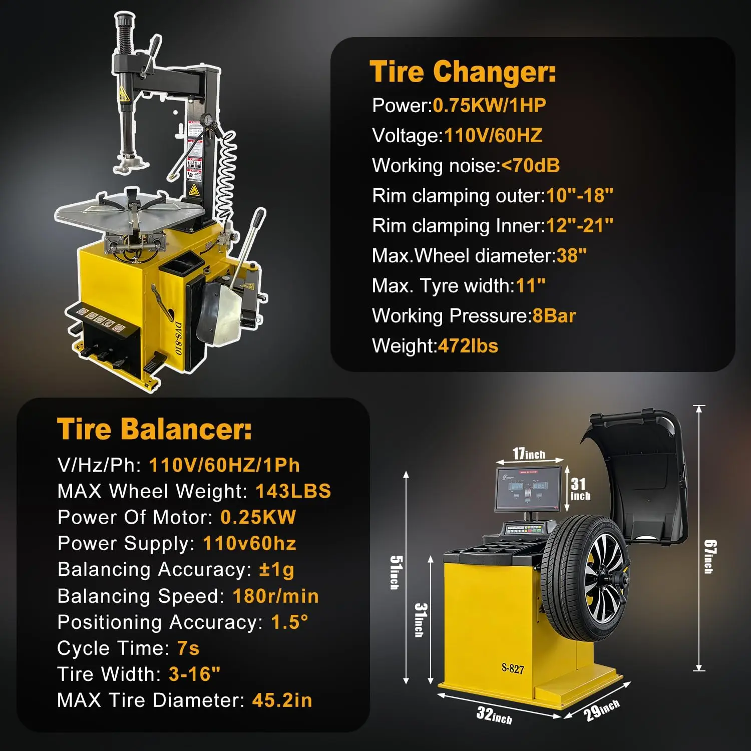Tire Changer and Premium Automatic Wheel Balancer Combo with Assist Arms & Auto Measurement, 110V for 10-26" Rims, Professional Tire Shop Equipment - Image 3