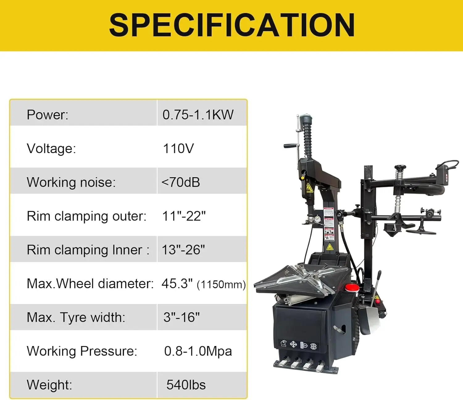 Tire Changer Machine with Hand-Assisted Lever Device and Assist arm and Wheel Balancer Machine Combo, 10-24" Rim, Manual Input, Dynamic/Static/ALU/Motorcycle Modes, 0.25KW Pure Copper Motor, 110V - Image 4