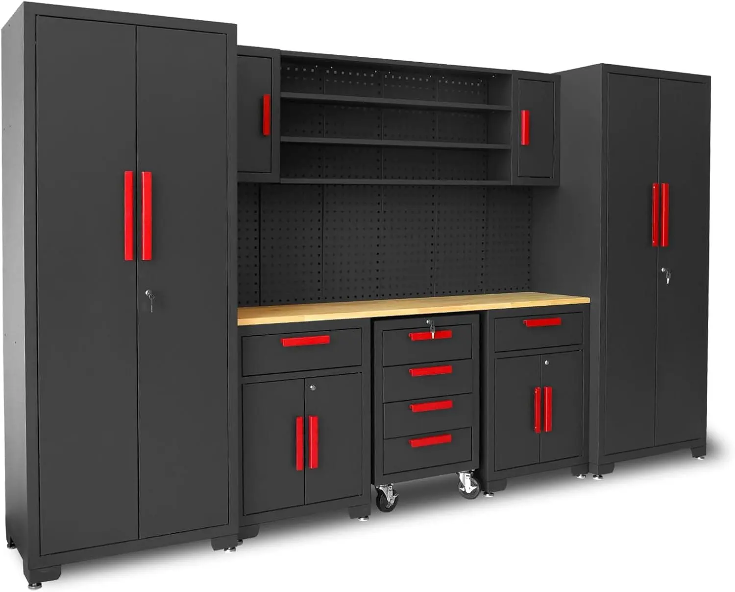 TCE Garage Storage Cabinets System, 8-Pcs Workshop Cabinet Set in Black, Included Steel Cabinets Drawers Rolling Chest and Pegboard,Locked Garage Storage Cabinet, 2-Year Warranty