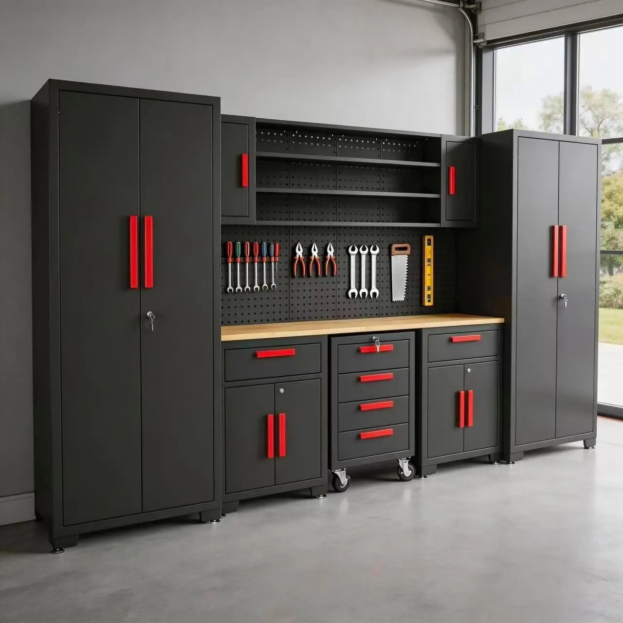 TCE Garage Storage Cabinets System, 8-Pcs Workshop Cabinet Set in Black, Included Steel Cabinets Drawers Rolling Chest and Pegboard,Locked Garage Storage Cabinet, 2-Year Warranty - Image 3