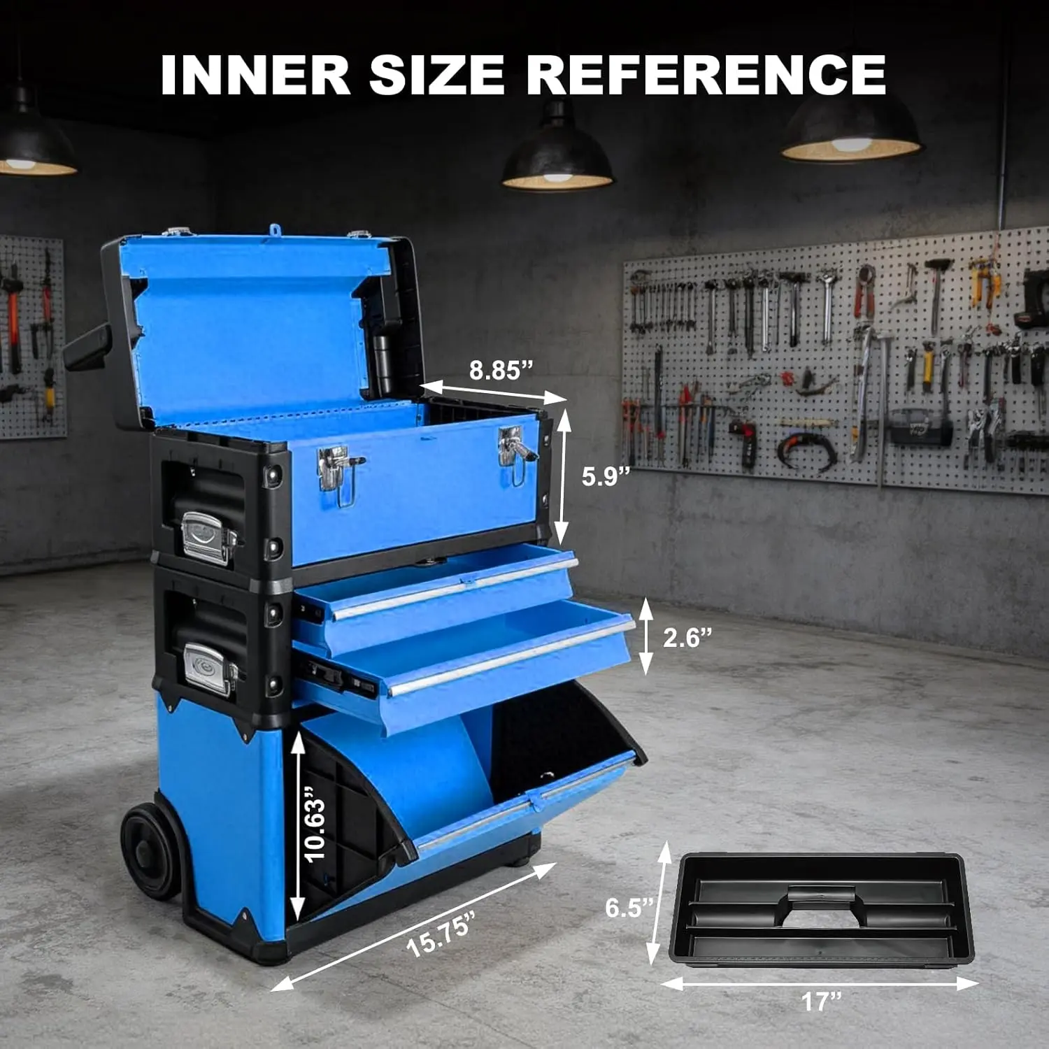 TCE Stackable Rolling Tool Box Portable Metal Toolbox Organizer with Wheels and 2 Drawers Separate Rolling Upright Trolley Tool Chest for Garage or Workshop - Image 10