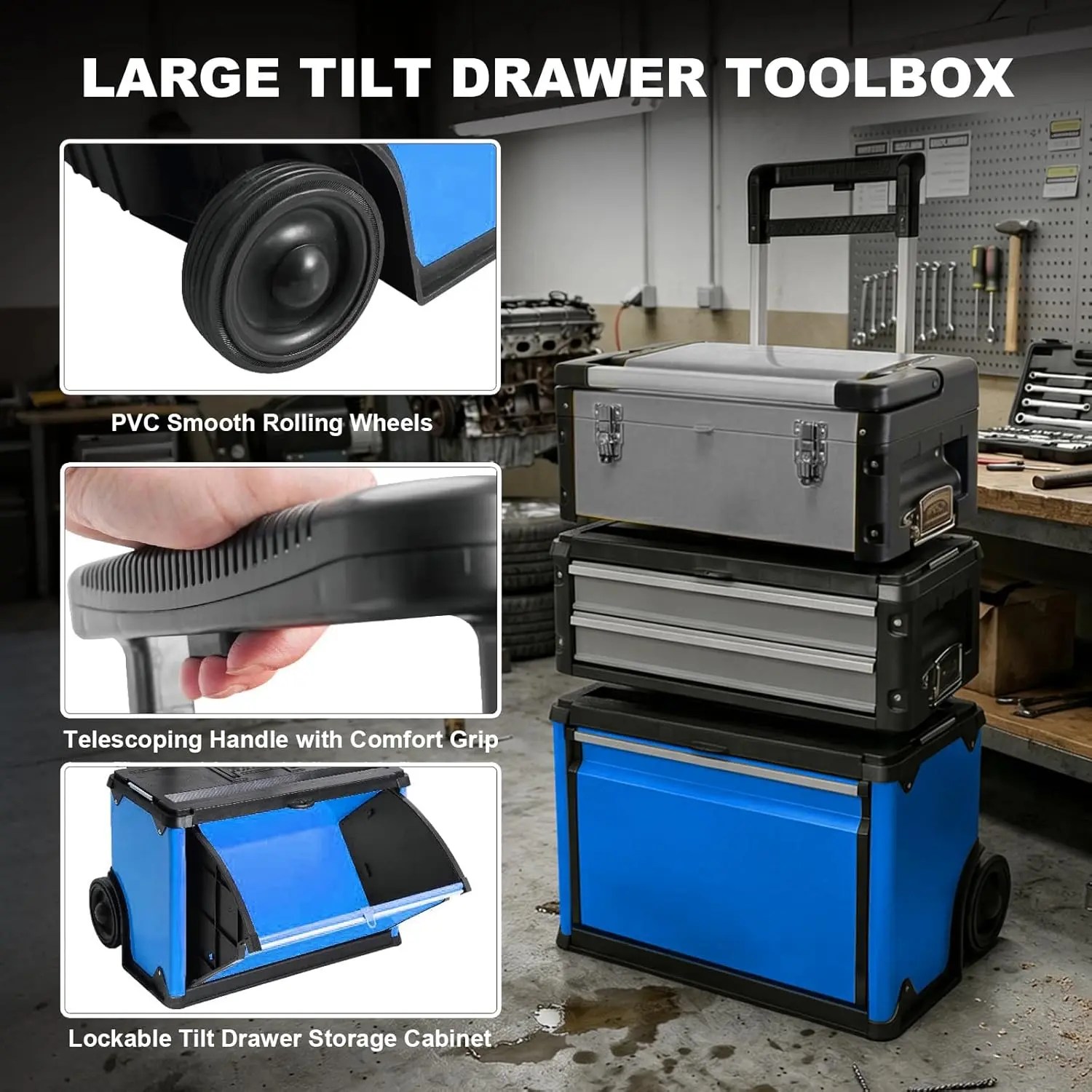 TCE Stackable Rolling Tool Box Portable Metal Toolbox Organizer with Wheels and 2 Drawers Separate Rolling Upright Trolley Tool Chest for Garage or Workshop - Image 13