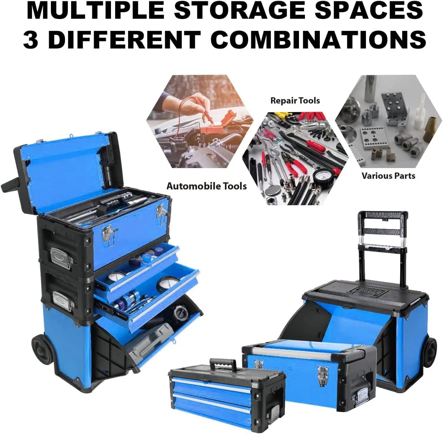 TCE Stackable Rolling Tool Box Portable Metal Toolbox Organizer with Wheels and 2 Drawers Separate Rolling Upright Trolley Tool Chest for Garage or Workshop - Image 14