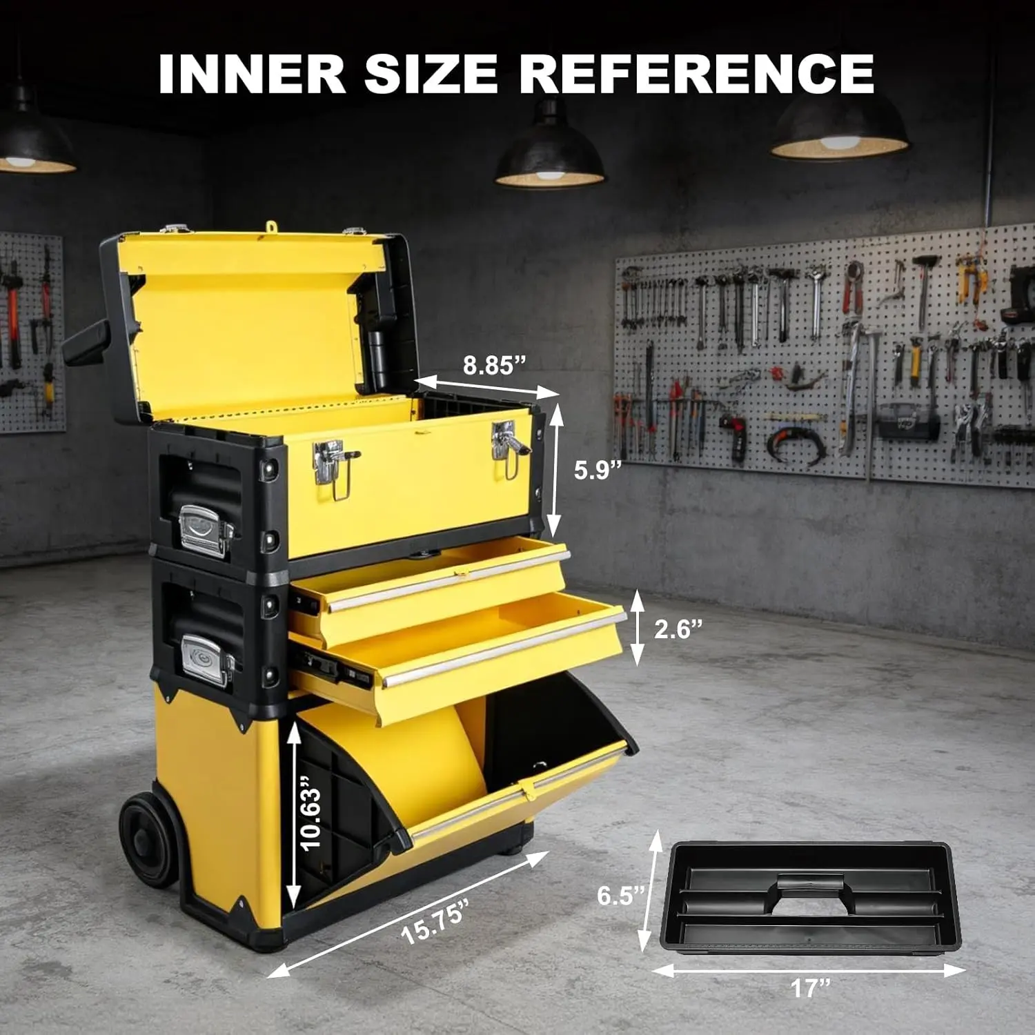 TCE Stackable Rolling Tool Box Portable Metal Toolbox Organizer with Wheels and 2 Drawers Separate Rolling Upright Trolley Tool Chest for Garage or Workshop - Image 17