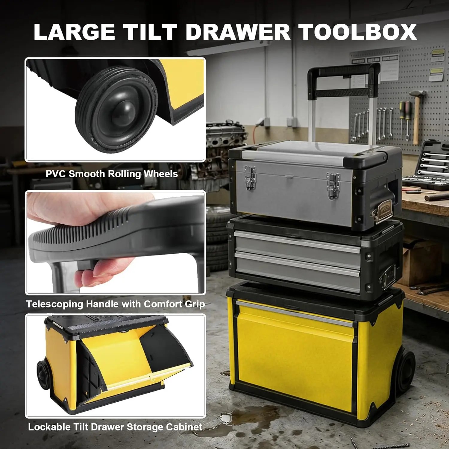 TCE Stackable Rolling Tool Box Portable Metal Toolbox Organizer with Wheels and 2 Drawers Separate Rolling Upright Trolley Tool Chest for Garage or Workshop - Image 20