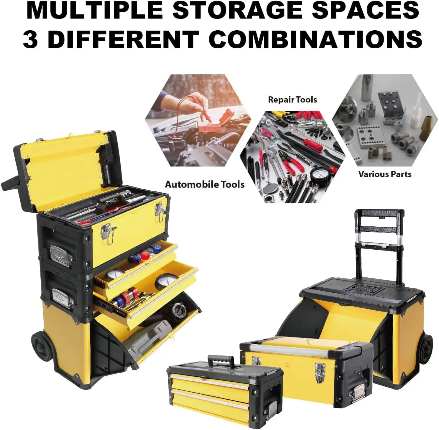 TCE Stackable Rolling Tool Box Portable Metal Toolbox Organizer with Wheels and 2 Drawers Separate Rolling Upright Trolley Tool Chest for Garage or Workshop - Image 21