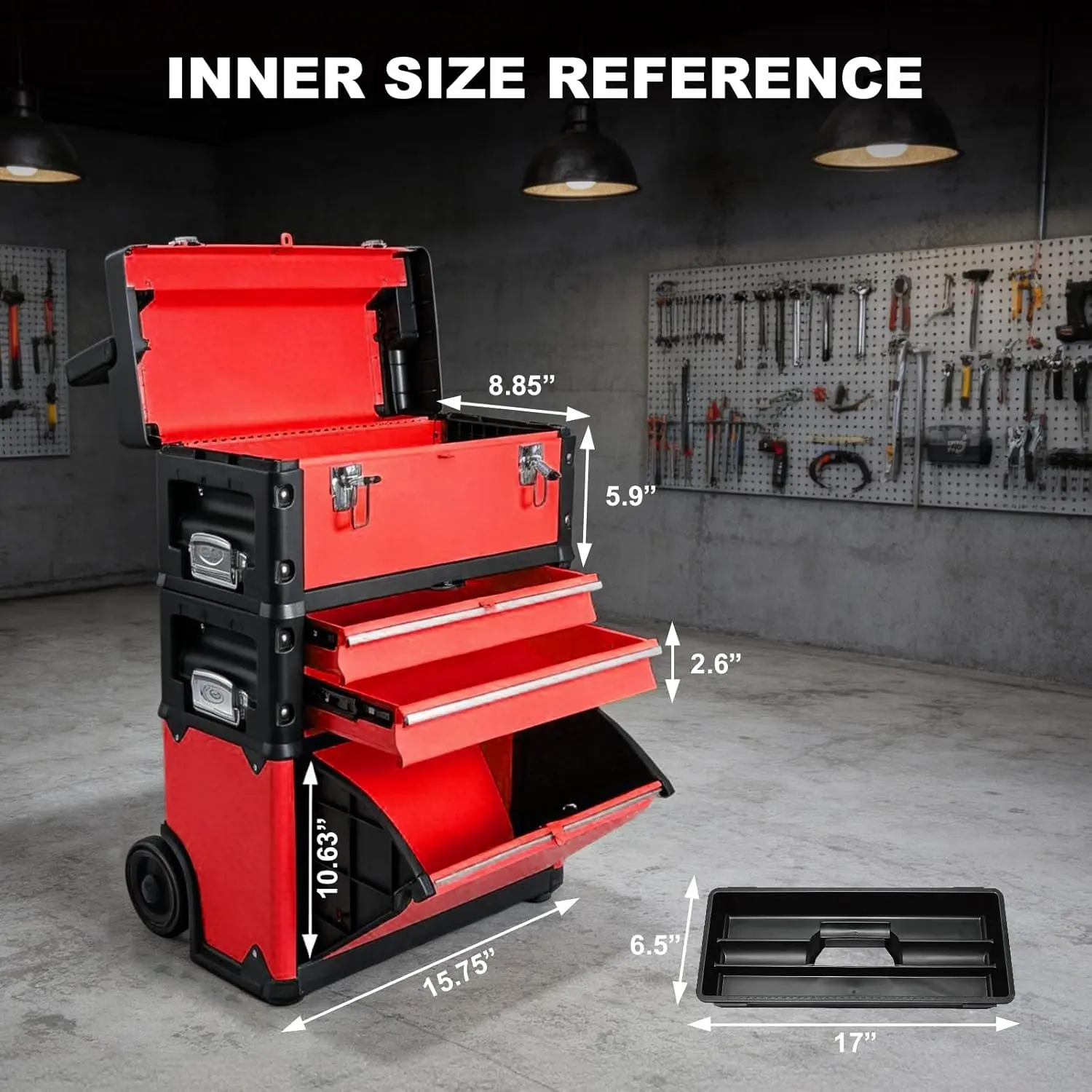 TCE Stackable Rolling Tool Box Portable Metal Toolbox Organizer with Wheels and 2 Drawers Separate Rolling Upright Trolley Tool Chest for Garage or Workshop - Image 3