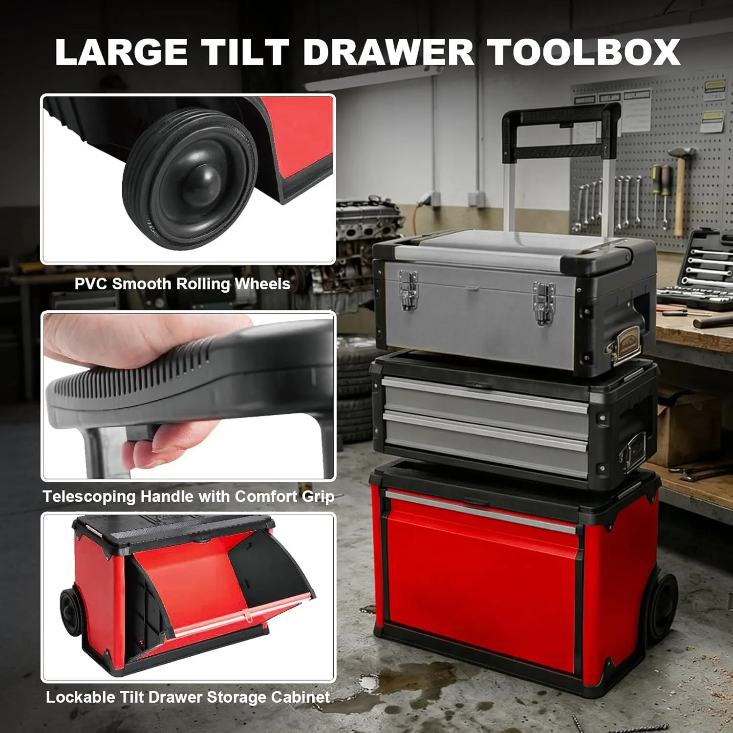 TCE Stackable Rolling Tool Box Portable Metal Toolbox Organizer with Wheels and 2 Drawers Separate Rolling Upright Trolley Tool Chest for Garage or Workshop - Image 6