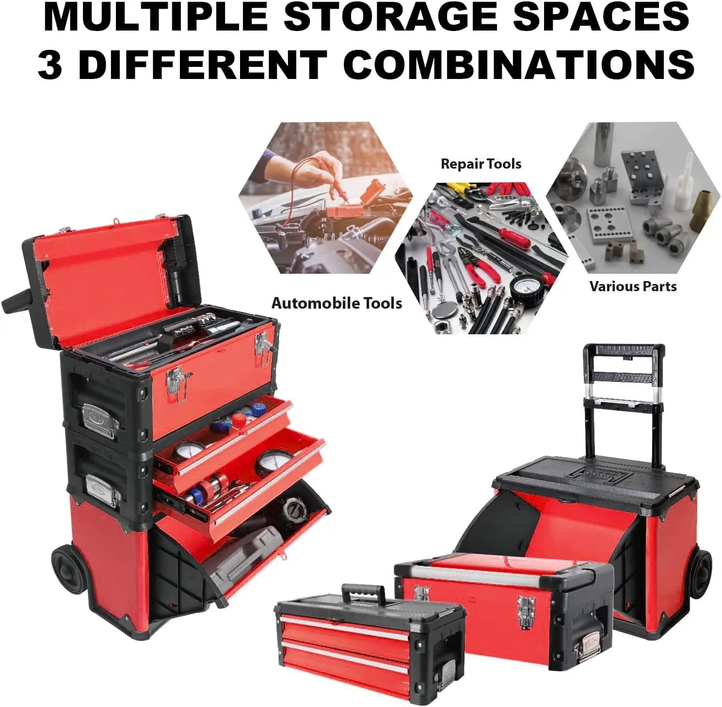 TCE Stackable Rolling Tool Box Portable Metal Toolbox Organizer with Wheels and 2 Drawers Separate Rolling Upright Trolley Tool Chest for Garage or Workshop - Image 7