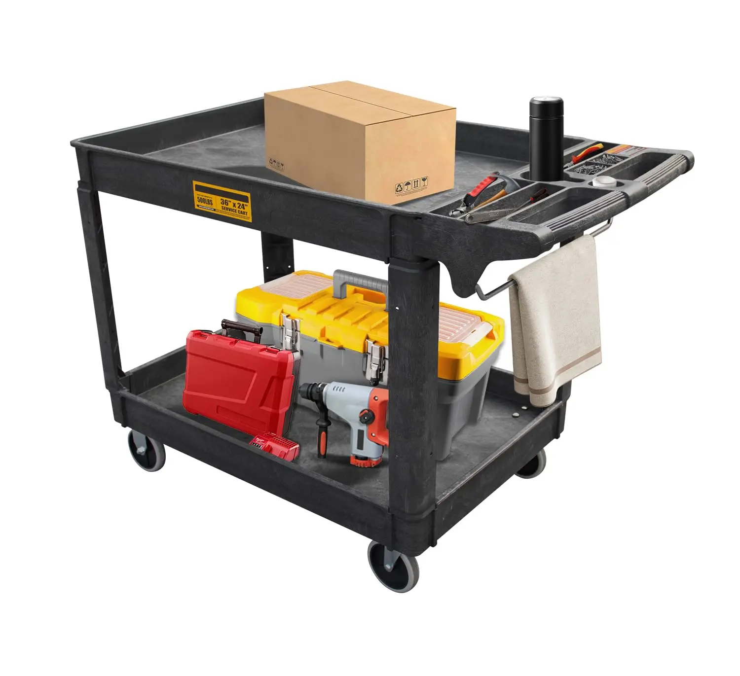 Utility Service Cart, 2-Shelf 500LBS Heavy Duty Plastic Rolling Utility Cart with 360° Swivel Wheels, Lipped Shelves, Ergonomic Storage Handle for Warehouse/Garage/Cleaning/Manufacturing - Image 10
