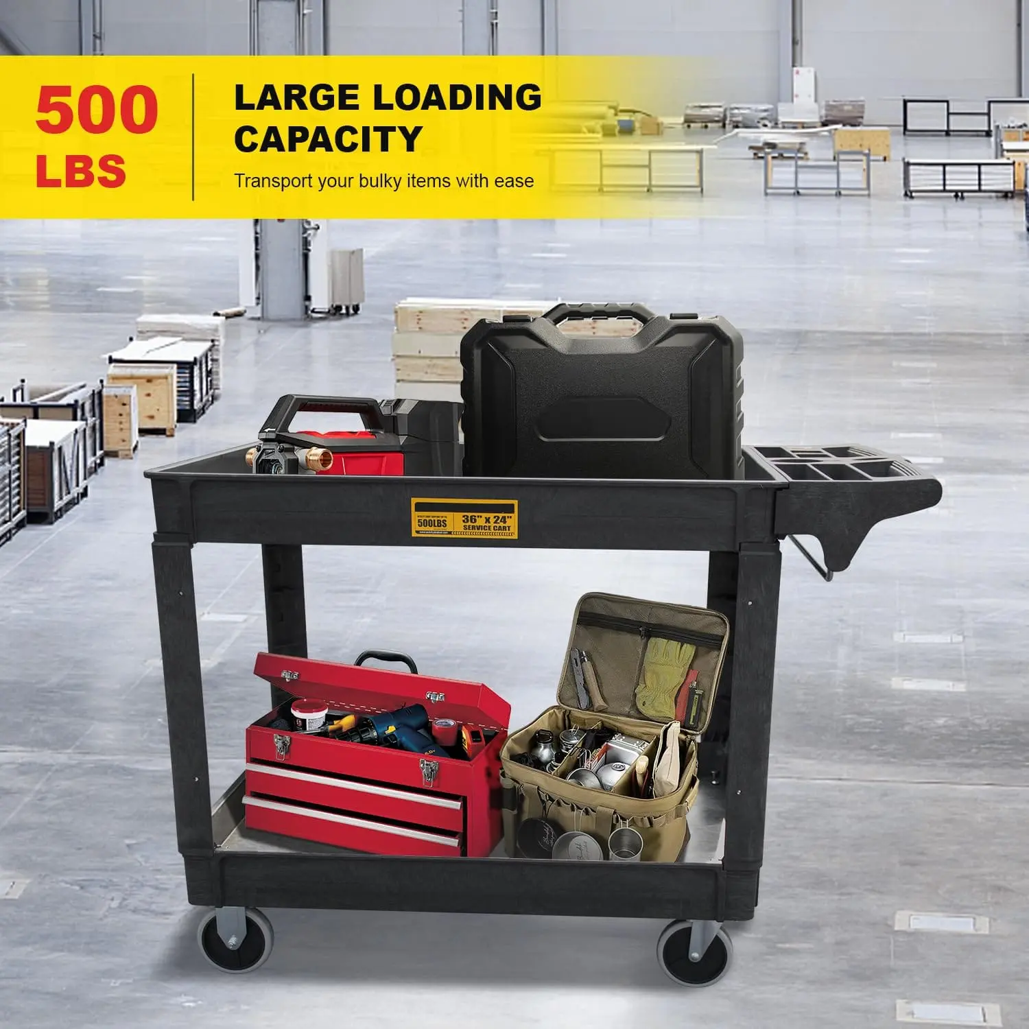 Utility Service Cart, 2-Shelf 500LBS Heavy Duty Plastic Rolling Utility Cart with 360° Swivel Wheels, Lipped Shelves, Ergonomic Storage Handle for Warehouse/Garage/Cleaning/Manufacturing - Image 11