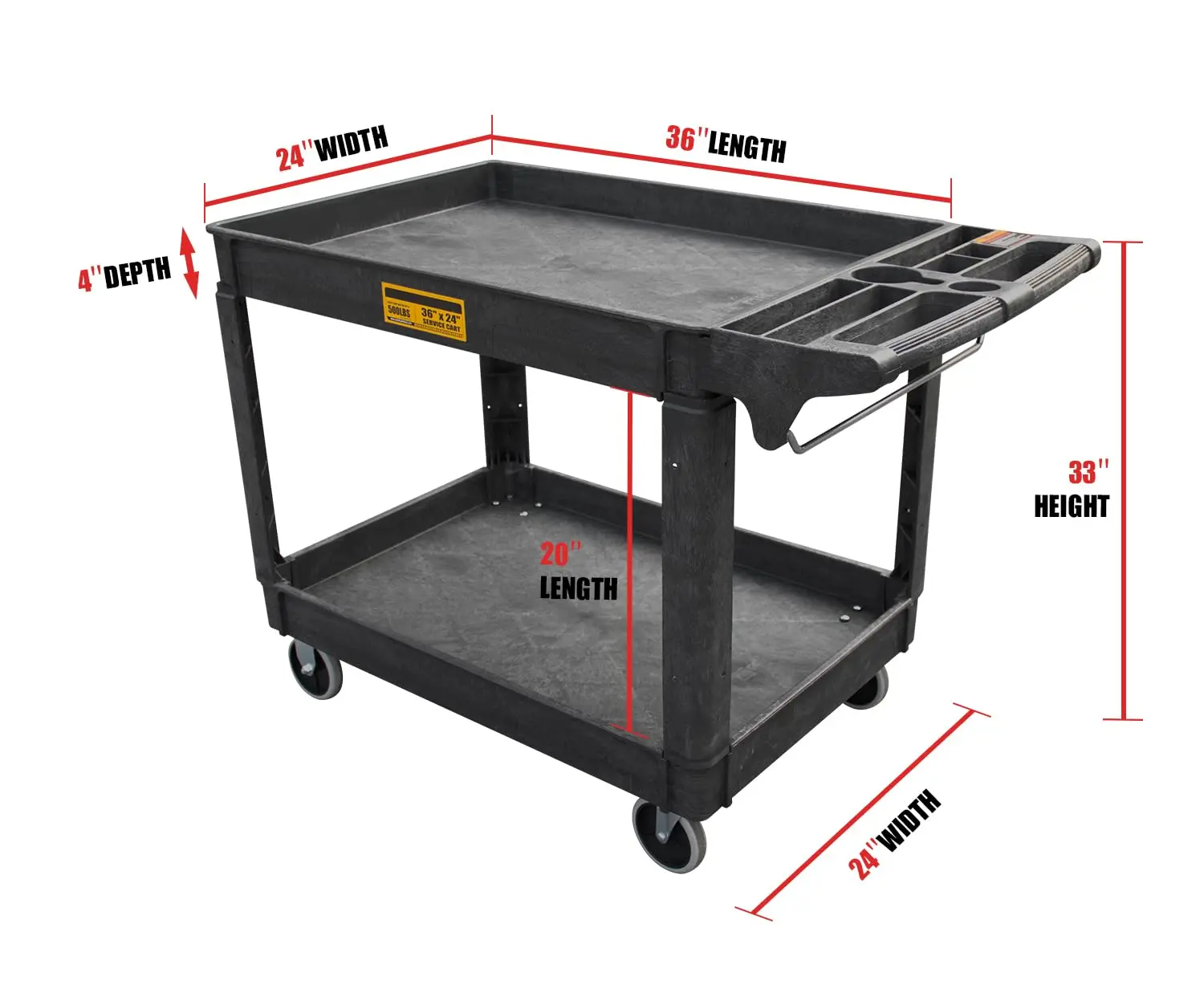 Utility Service Cart, 2-Shelf 500LBS Heavy Duty Plastic Rolling Utility Cart with 360° Swivel Wheels, Lipped Shelves, Ergonomic Storage Handle for Warehouse/Garage/Cleaning/Manufacturing - Image 12