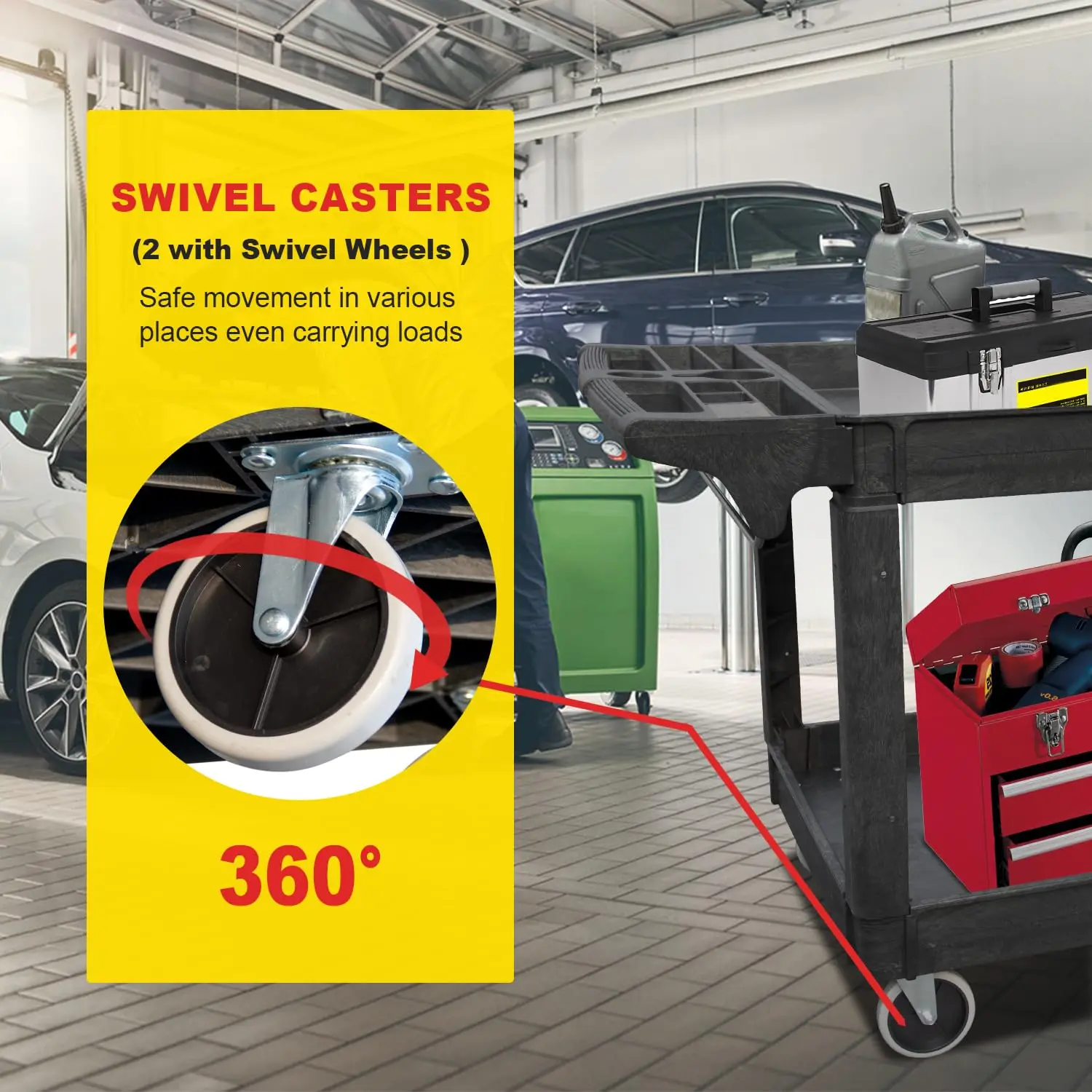 Utility Service Cart, 2-Shelf 500LBS Heavy Duty Plastic Rolling Utility Cart with 360° Swivel Wheels, Lipped Shelves, Ergonomic Storage Handle for Warehouse/Garage/Cleaning/Manufacturing - Image 13