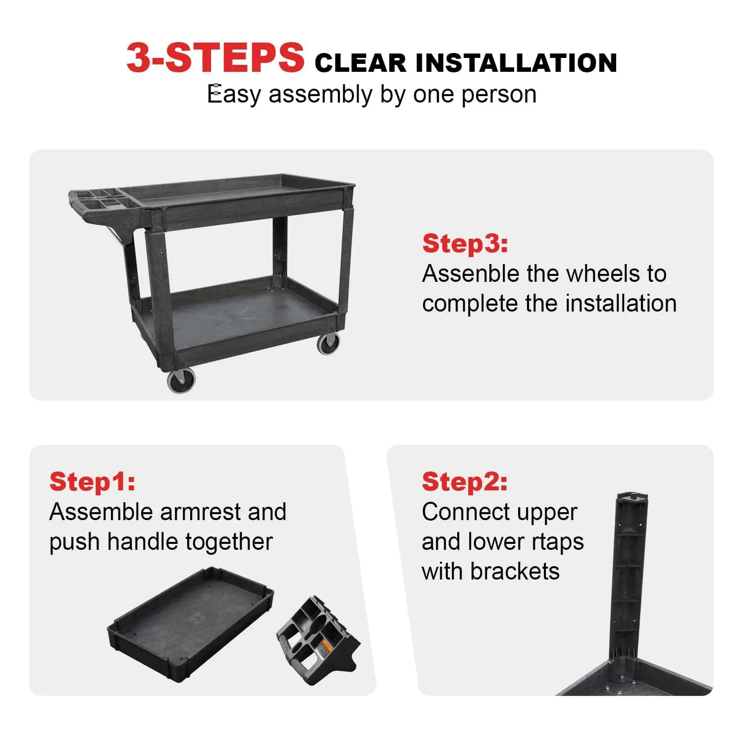 Utility Service Cart, 2-Shelf 500LBS Heavy Duty Plastic Rolling Utility Cart with 360° Swivel Wheels, Lipped Shelves, Ergonomic Storage Handle for Warehouse/Garage/Cleaning/Manufacturing - Image 15