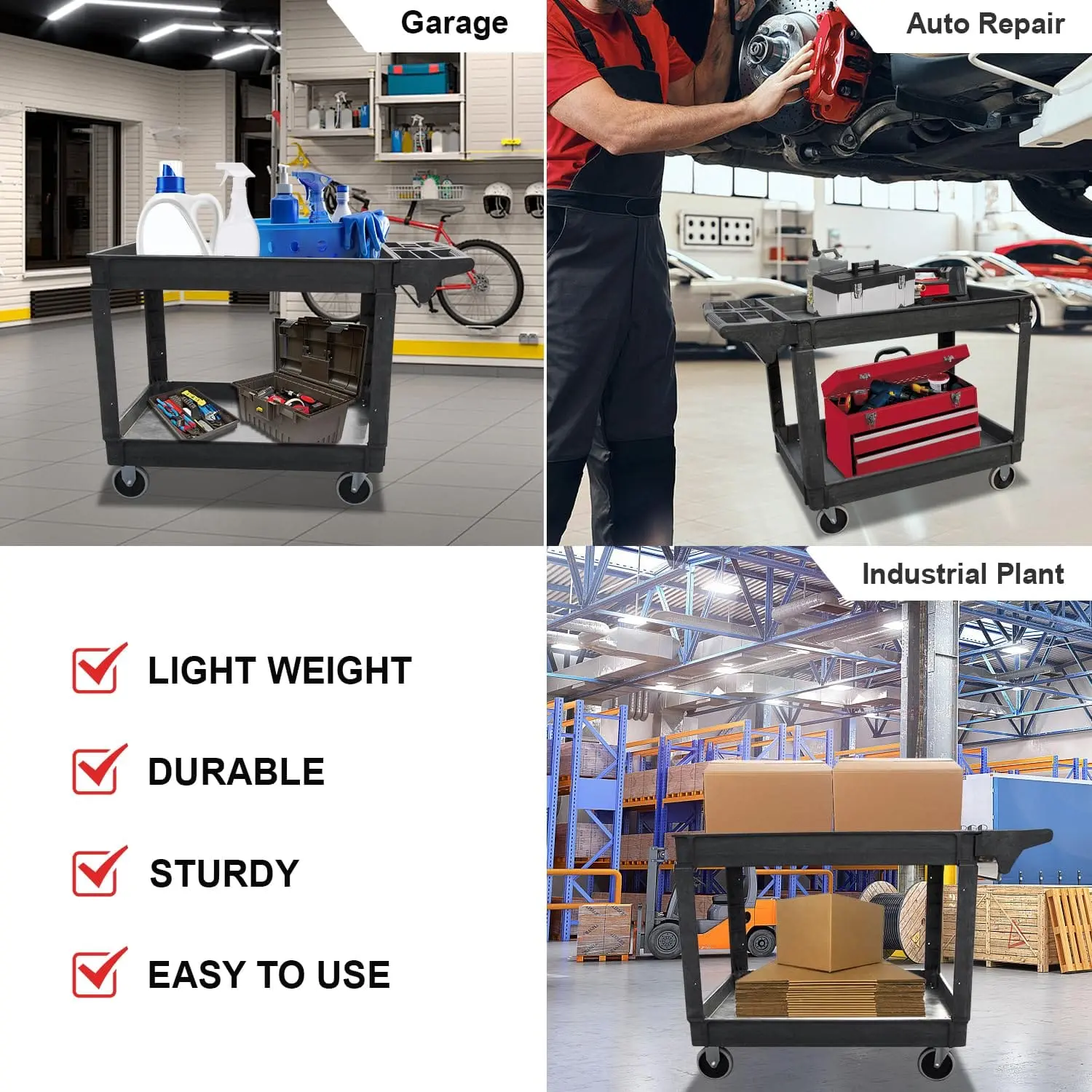 Utility Service Cart, 2-Shelf 500LBS Heavy Duty Plastic Rolling Utility Cart with 360° Swivel Wheels, Lipped Shelves, Ergonomic Storage Handle for Warehouse/Garage/Cleaning/Manufacturing - Image 16