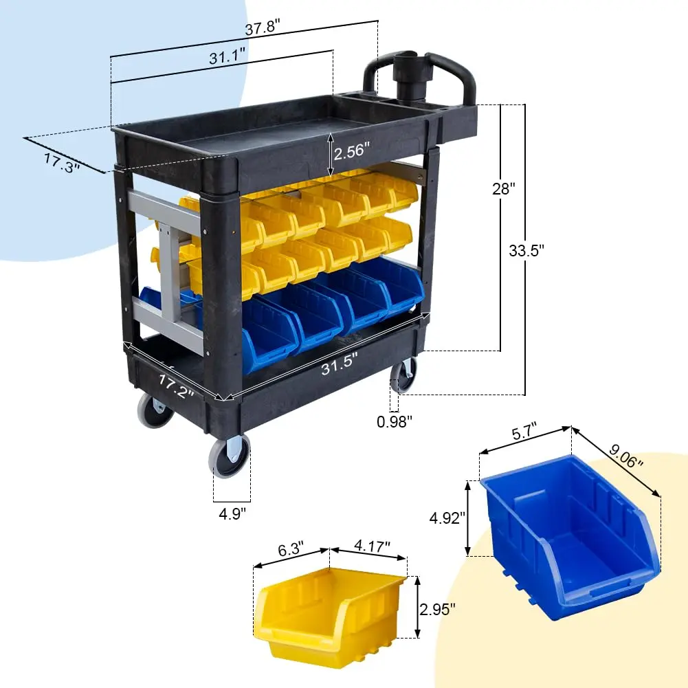 Utility Service Cart, 2-Shelf 500LBS Heavy Duty Plastic Rolling Utility Cart with 360° Swivel Wheels, Lipped Shelves, Ergonomic Storage Handle for Warehouse/Garage/Cleaning/Manufacturing - Image 18