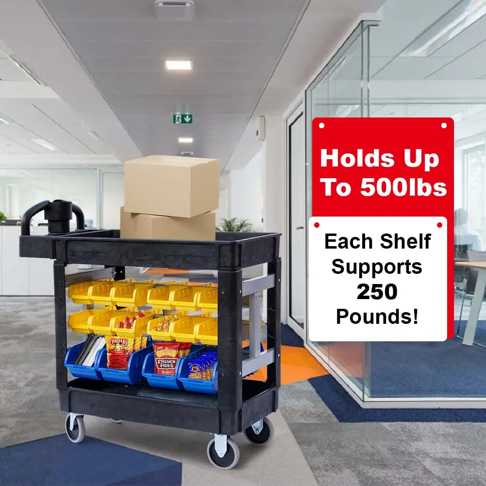 Utility Service Cart, 2-Shelf 500LBS Heavy Duty Plastic Rolling Utility Cart with 360° Swivel Wheels, Lipped Shelves, Ergonomic Storage Handle for Warehouse/Garage/Cleaning/Manufacturing - Image 19