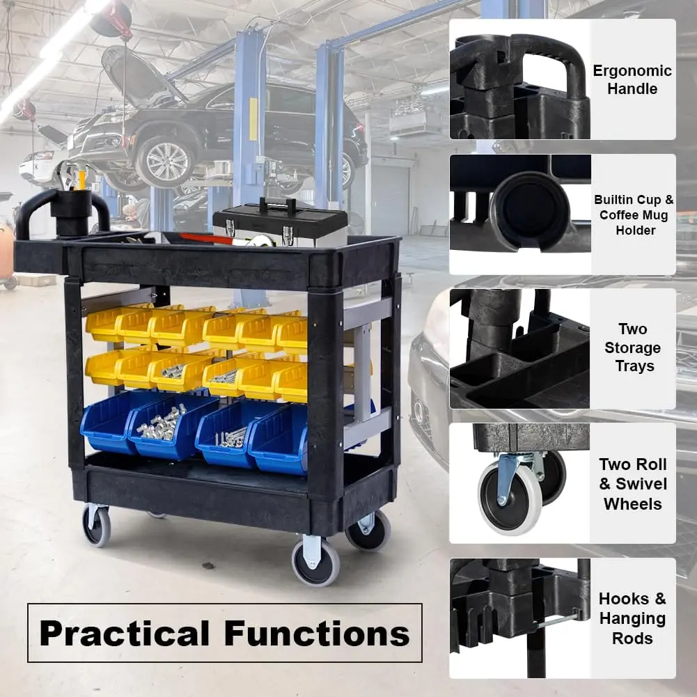 Utility Service Cart, 2-Shelf 500LBS Heavy Duty Plastic Rolling Utility Cart with 360° Swivel Wheels, Lipped Shelves, Ergonomic Storage Handle for Warehouse/Garage/Cleaning/Manufacturing - Image 21
