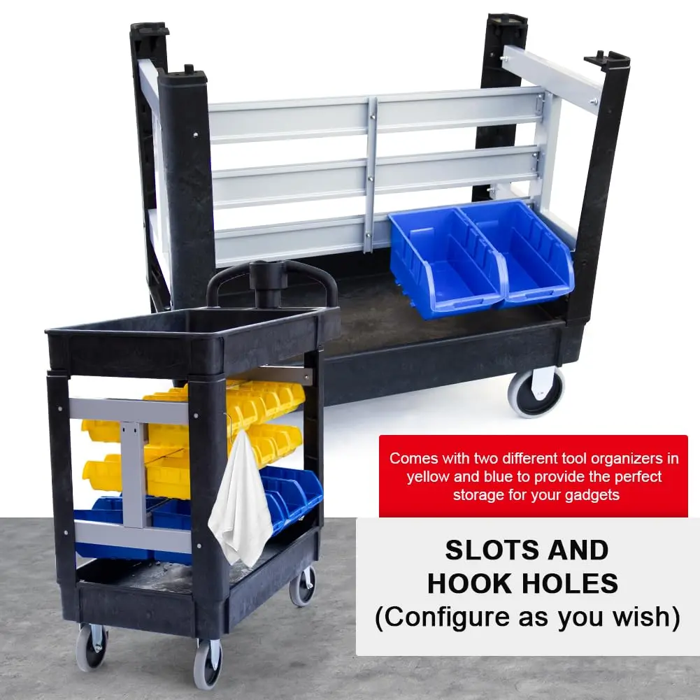 Utility Service Cart, 2-Shelf 500LBS Heavy Duty Plastic Rolling Utility Cart with 360° Swivel Wheels, Lipped Shelves, Ergonomic Storage Handle for Warehouse/Garage/Cleaning/Manufacturing - Image 22