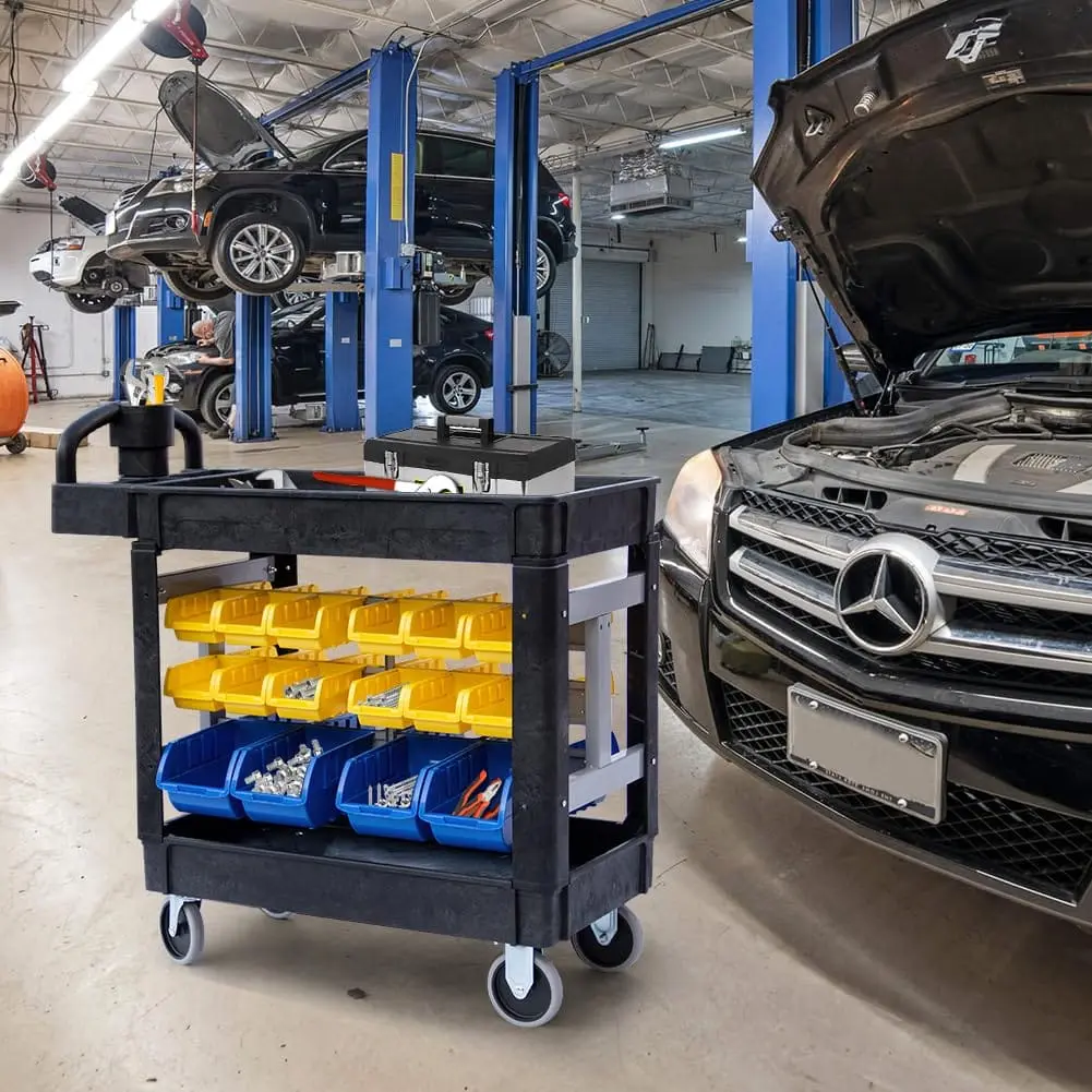 Utility Service Cart, 2-Shelf 500LBS Heavy Duty Plastic Rolling Utility Cart with 360° Swivel Wheels, Lipped Shelves, Ergonomic Storage Handle for Warehouse/Garage/Cleaning/Manufacturing - Image 23