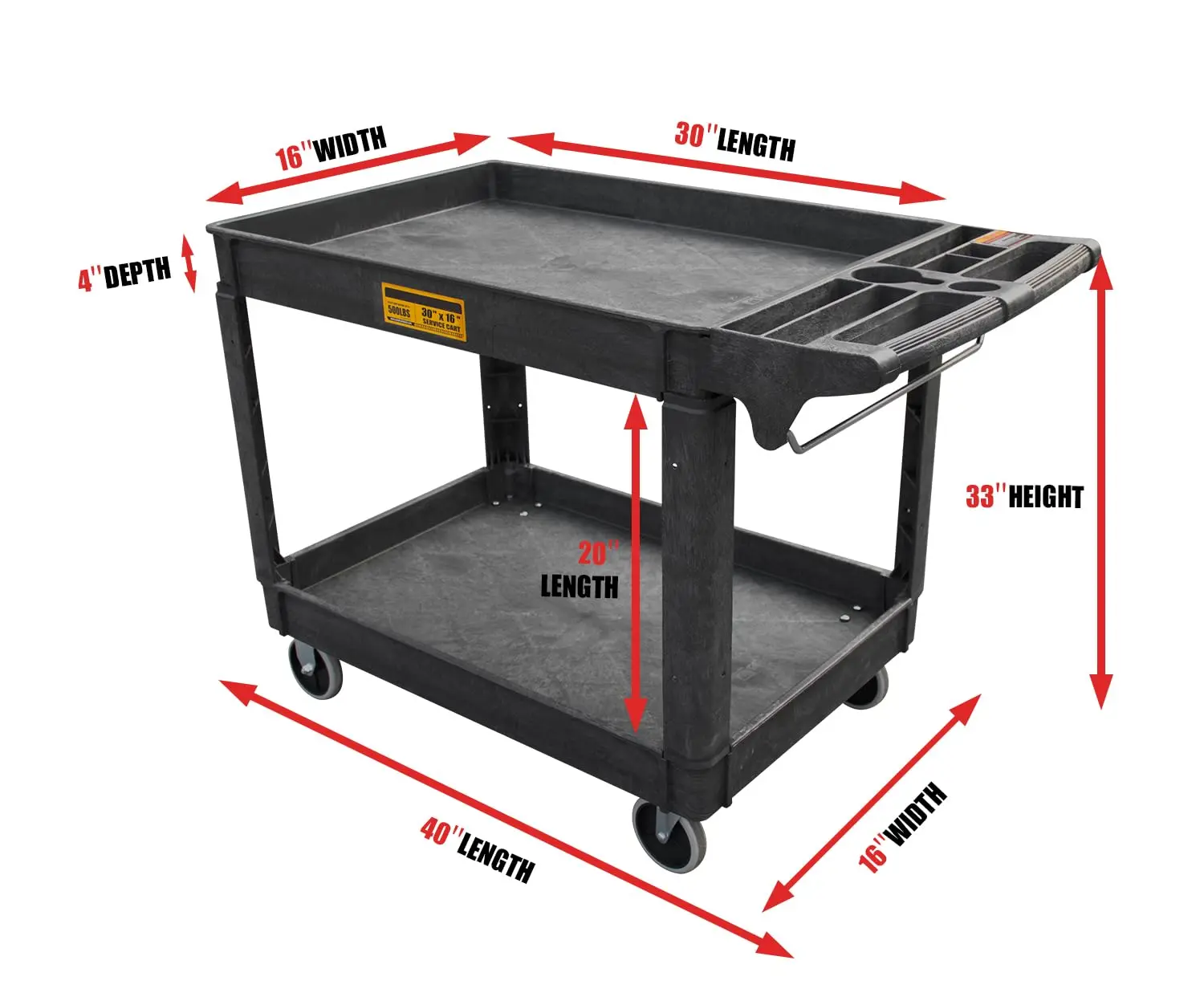 Utility Service Cart, 2-Shelf 500LBS Heavy Duty Plastic Rolling Utility Cart with 360° Swivel Wheels, Lipped Shelves, Ergonomic Storage Handle for Warehouse/Garage/Cleaning/Manufacturing - Image 3