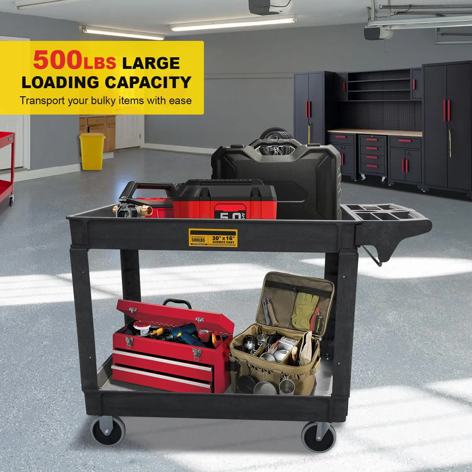 Utility Service Cart, 2-Shelf 500LBS Heavy Duty Plastic Rolling Utility Cart with 360° Swivel Wheels, Lipped Shelves, Ergonomic Storage Handle for Warehouse/Garage/Cleaning/Manufacturing - Image 4