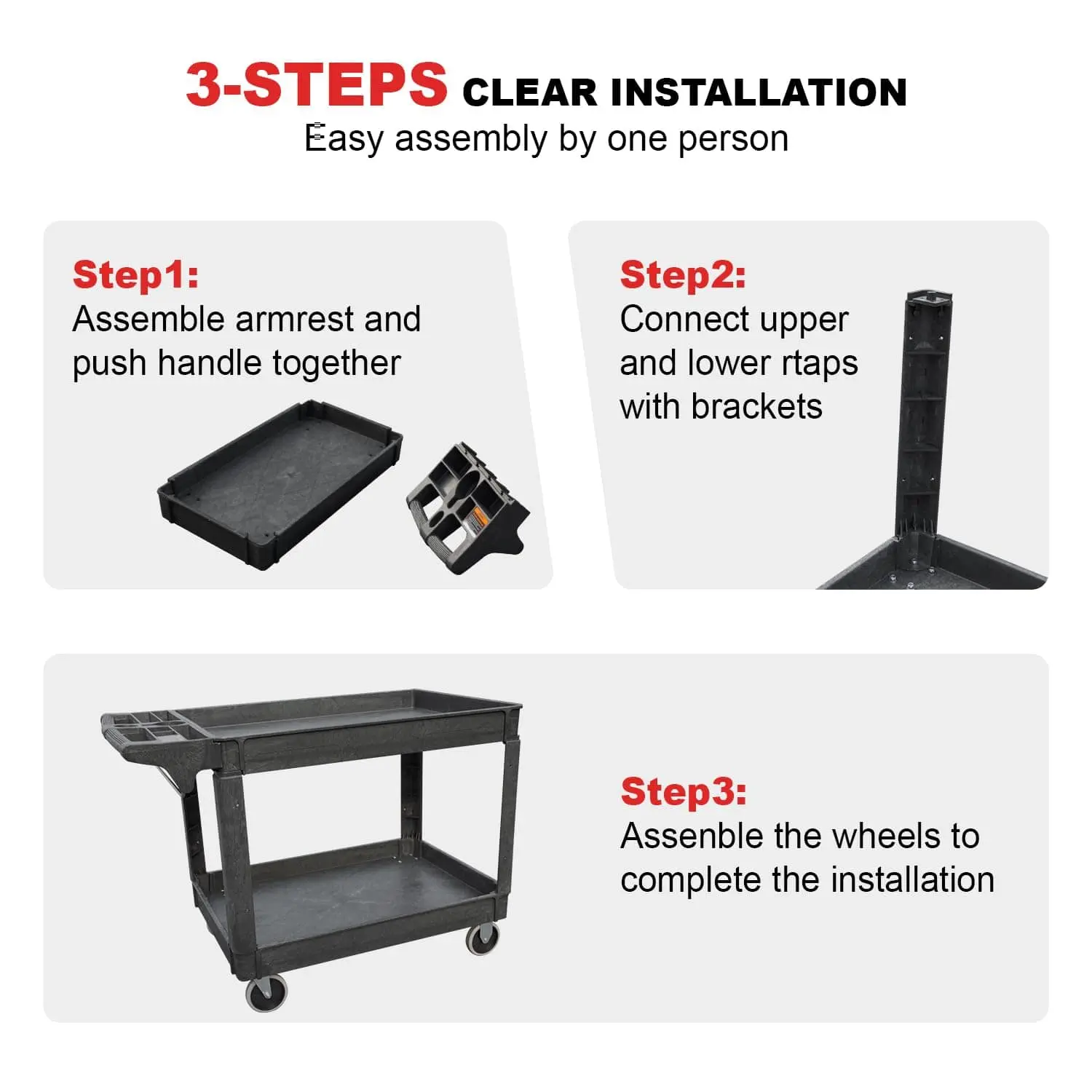 Utility Service Cart, 2-Shelf 500LBS Heavy Duty Plastic Rolling Utility Cart with 360° Swivel Wheels, Lipped Shelves, Ergonomic Storage Handle for Warehouse/Garage/Cleaning/Manufacturing - Image 5