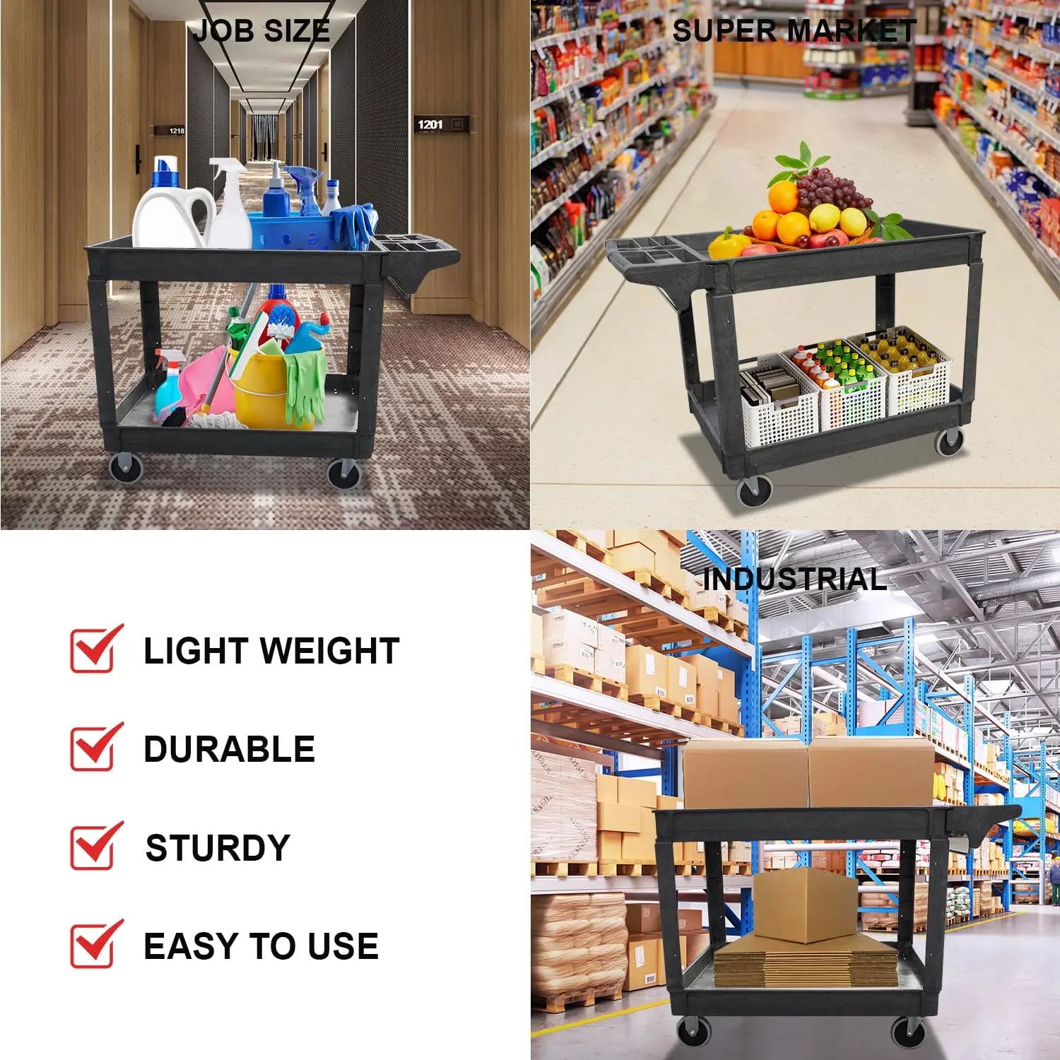 Utility Service Cart, 2-Shelf 500LBS Heavy Duty Plastic Rolling Utility Cart with 360° Swivel Wheels, Lipped Shelves, Ergonomic Storage Handle for Warehouse/Garage/Cleaning/Manufacturing - Image 8