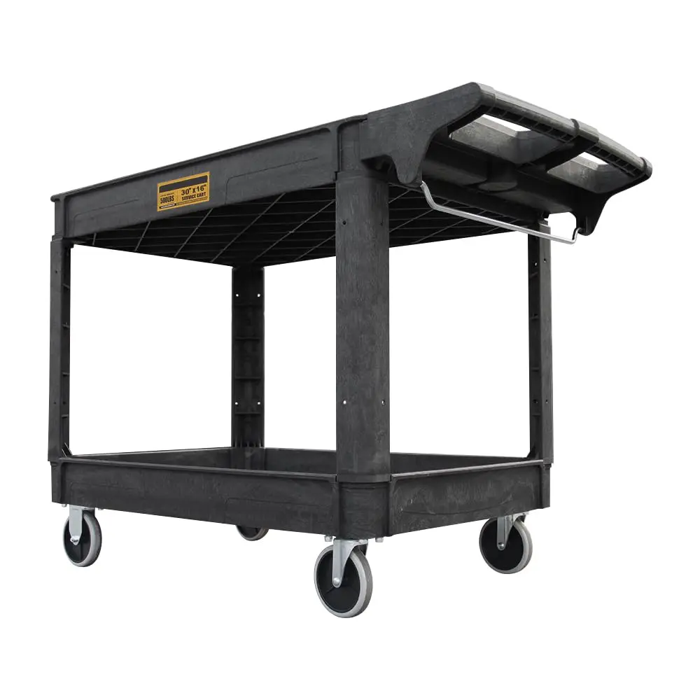 Utility Service Cart, 2-Shelf 500LBS Heavy Duty Plastic Rolling Utility Cart with 360° Swivel Wheels, Lipped Shelves, Ergonomic Storage Handle for Warehouse/Garage/Cleaning/Manufacturing - Image 9